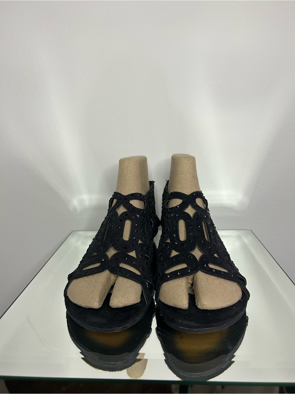 MIOROBERRA Black Suede Elegant Cut Out w/Embellished Rhinestones Flat Sandals